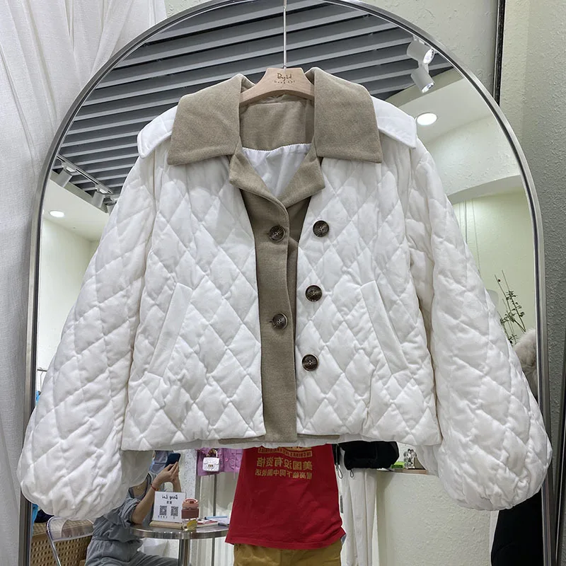 

Fashion Lapel Patchwork Puffer Jacket Winter Female Casual Warm Parkas Khaki Brown Long Sleeve Women Short White Duck Down Coat
