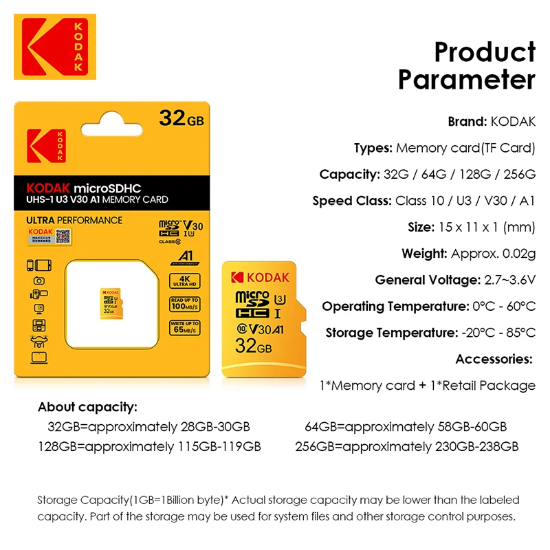 Карта памяти Kodak Micro SD 128 ГБ класс 10 карта 64 Гб Microsd флеш-накопитель 256 32 V30 U3 для