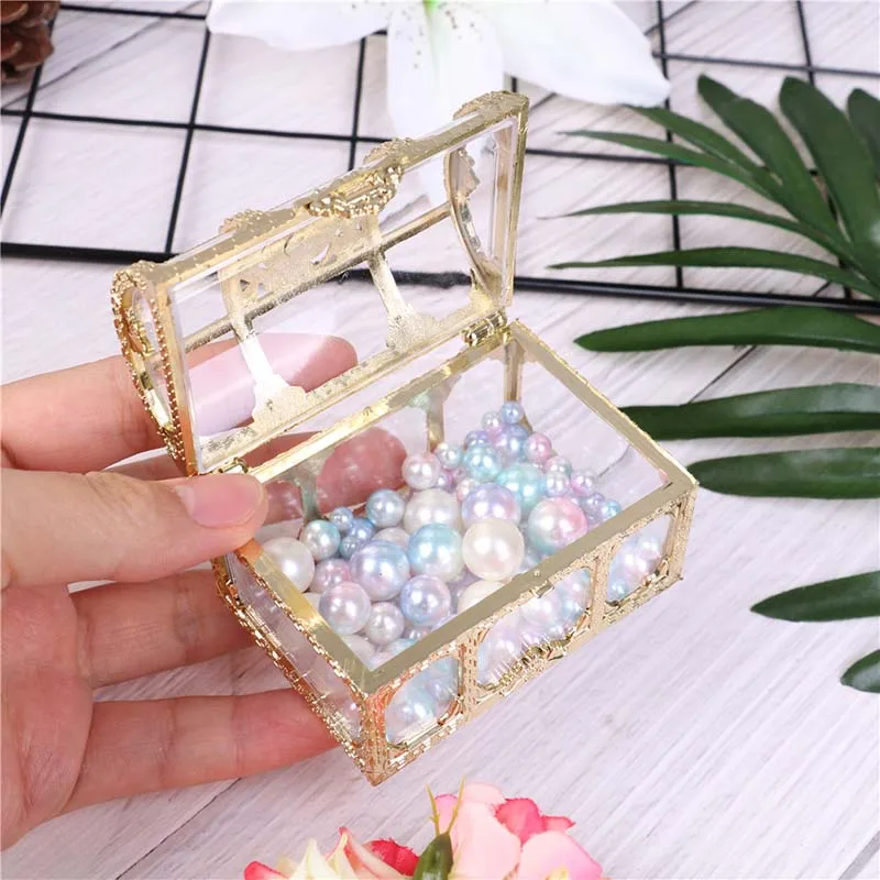 

Grade Large Size Treasure Box Gold Transparent Plastic Wedding Gift Boxes Baby Shower Candy Box Jewellery Party Box 7.4*5.2*5cm