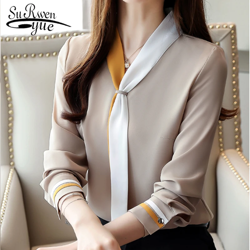 

Винтажные Шифоновые Топы с длинным рукавом Blusas Mujer De Moda 2020, однотонные свободные женские топы и блузка, элегантная осенняя одежда 7188, 50