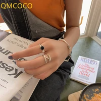 qmcoco simple silver color adjustable open ring%c2%a0fashion creative black stone geometric birthday party %c2%a0women %c2%a0jewelry gift