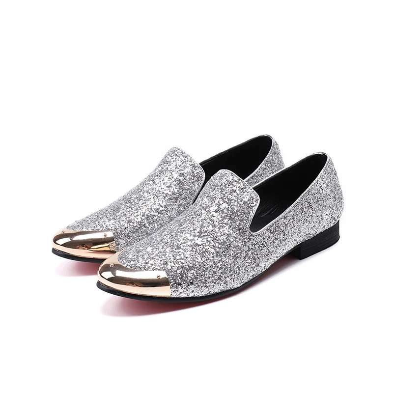 

Italian Fashion Brand Men Shoes Gold Metal Cap Flats Dress Shoes Silver Glitter Men Leather Wedding Shoes Business and Party