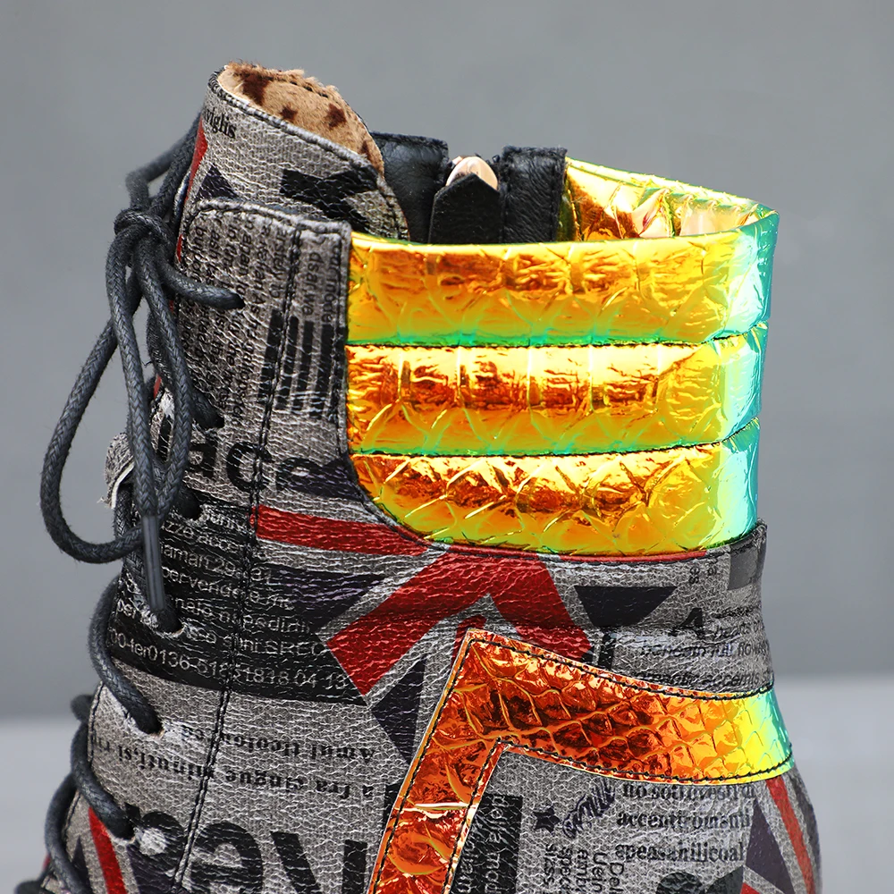 

2020 New Height Increased Boots Women Colorful PU Leather High Heels Lace Up Cowgirl Booties Ankle botas Shoes Plus Size 34-44