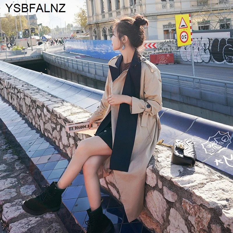 

Moda Mujer 2021 Trench Coat For Womens Long British Style Color Matching Spring Autumn Female Windbreaker Clothing Straight Belt