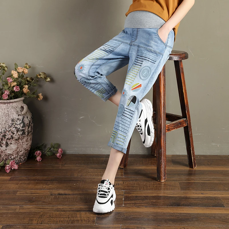 Брюки для беременных с вышивкой повседневные свободные хлопковые брюки до