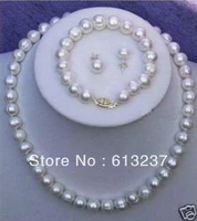 hot new 2014 fashion style diy 7 8mm real white cultured pearl necklace bracelet earring set my4289