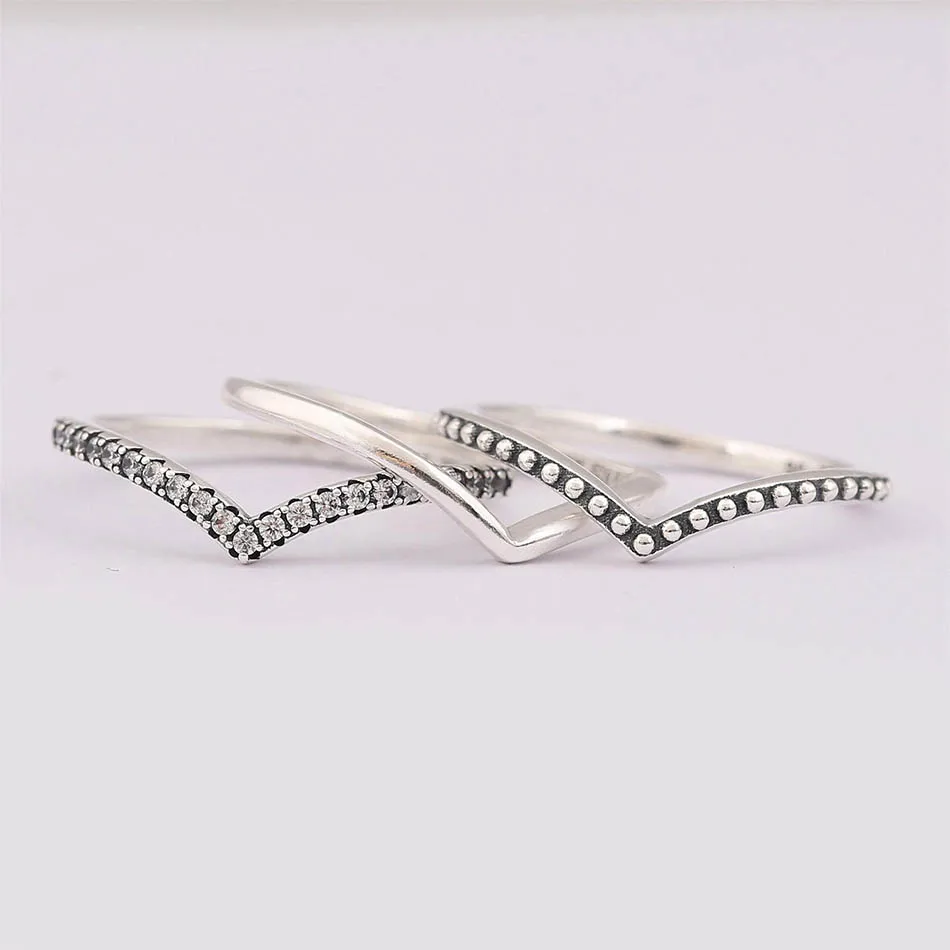 

S925 Silver Wishbone Ring Stack With Crystal Ring For Women Wedding Party Gift fit Lady Fine Jewelry