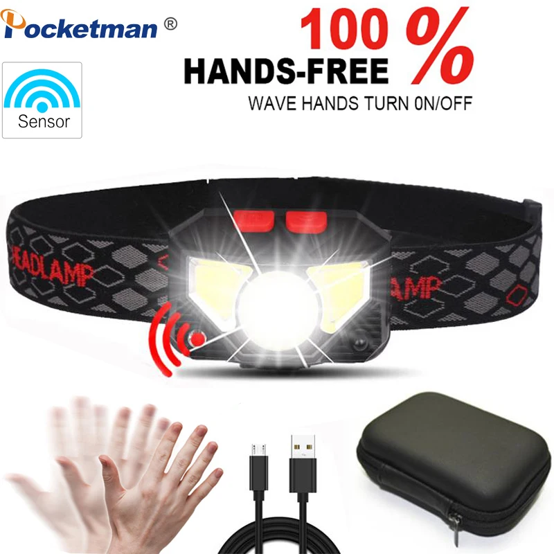 

Яркий светодиодный налобный фонарь XPG + COB с датчиком движения, светодиодный налобный фонарь, тактический, встроенный аккумулятор, индуктивн...
