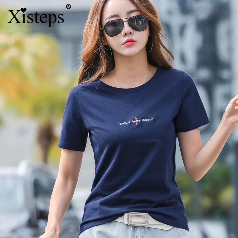 

Футболка Xisteps Женская хлопковая с вышивкой и надписью, Модный повседневный базовый топ с коротким рукавом, нижняя одежда, лето 2022