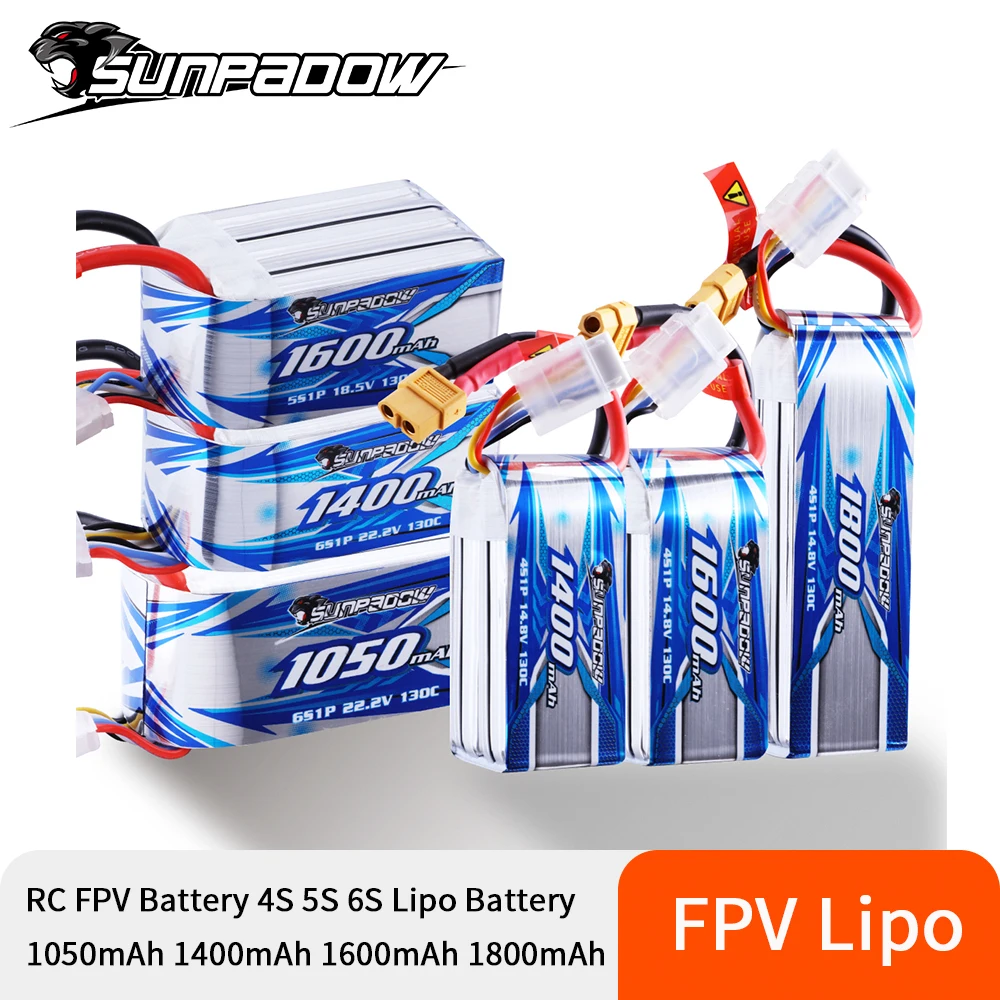 

Sunpadow Lipo Battery 4S 5S 6S 1050mAh 1400mAh 1600mAh 1800 130C Soft Pack With XT60 Plug For RC FPV Drone Quadcopter Helicopter
