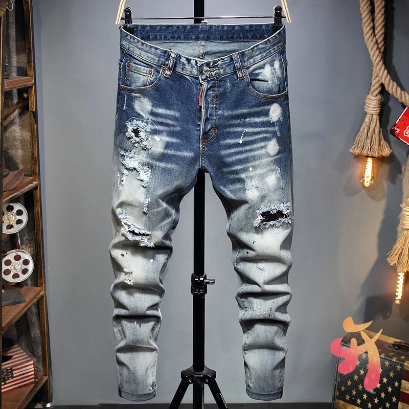 

DSQ2 Denim Pant High Quality Washed Blue Ripped Men Dsquared2 Jeans