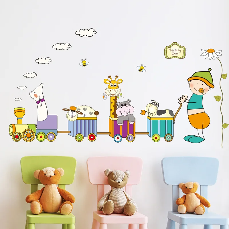 170*90cm Cartoon Animals Train Home Decor for Kids Room Lovley Baby Wall Stickers PVC DIY Vinyl Decals Art Wallpaper | Дом и сад