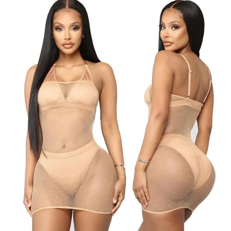 

women's jumpsuit Diamond Sexy Lingerie Full Body Suit Sexy Tights Fishnet Net Transparent Full Sleeve Halter Jumpsuit