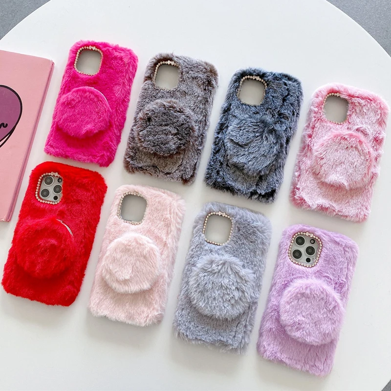 

Signalshin With Mirror Fluffy Fur Phone Case For iPhone 12 Mini SE XR XS 11 Pro MAX 7 8 Plus Rabbit Hair Soft Plush Cover