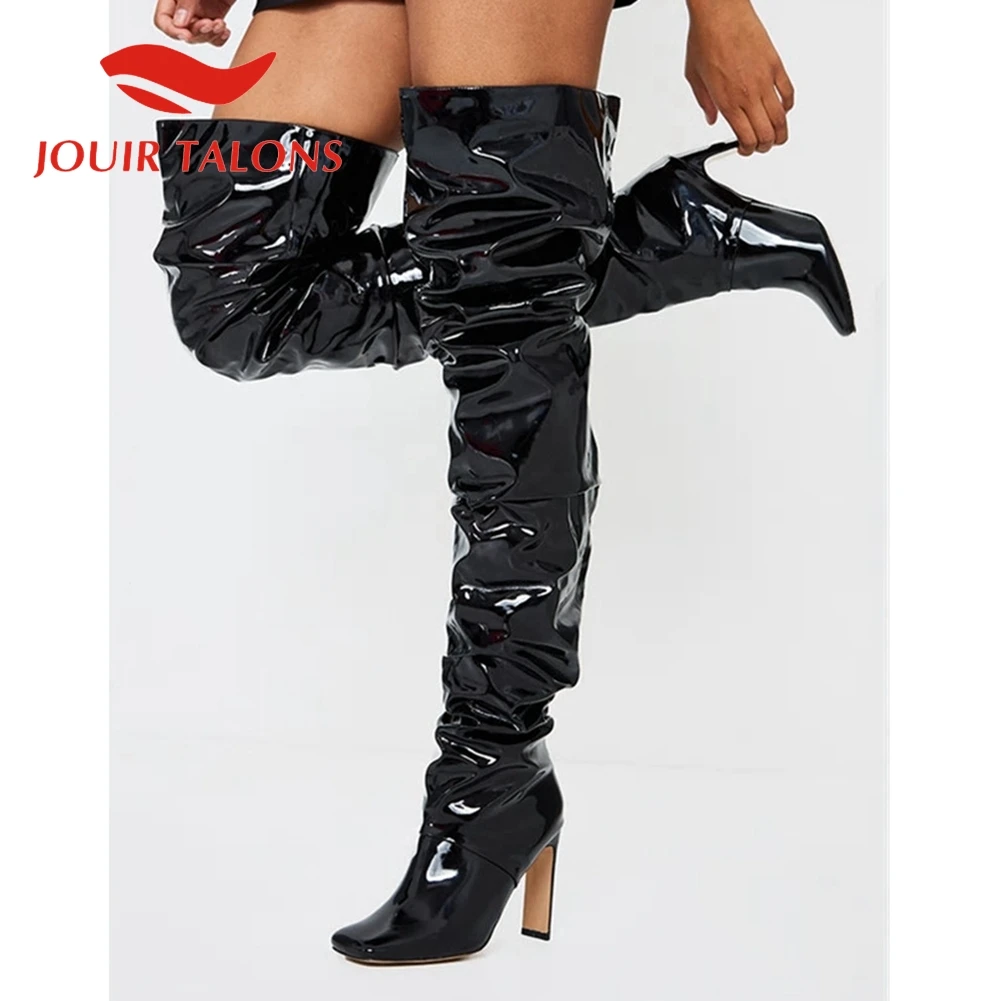 

JOUIR TALONS High Quality Shoes Woman Brand New Party Plus Size 35-43 Square Toe Pleated slip-on Thigh Boots Strange Style Heels