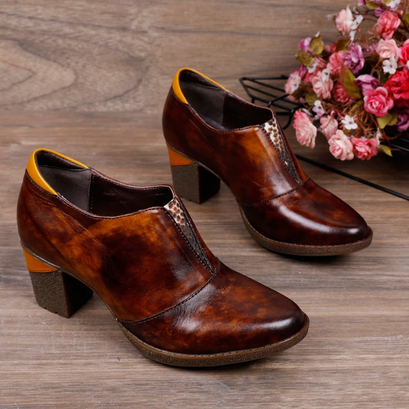 

vallu Spring / Summer 2020 new thick-heeled leather national style hand-set feet European and American deep mouth single shoes
