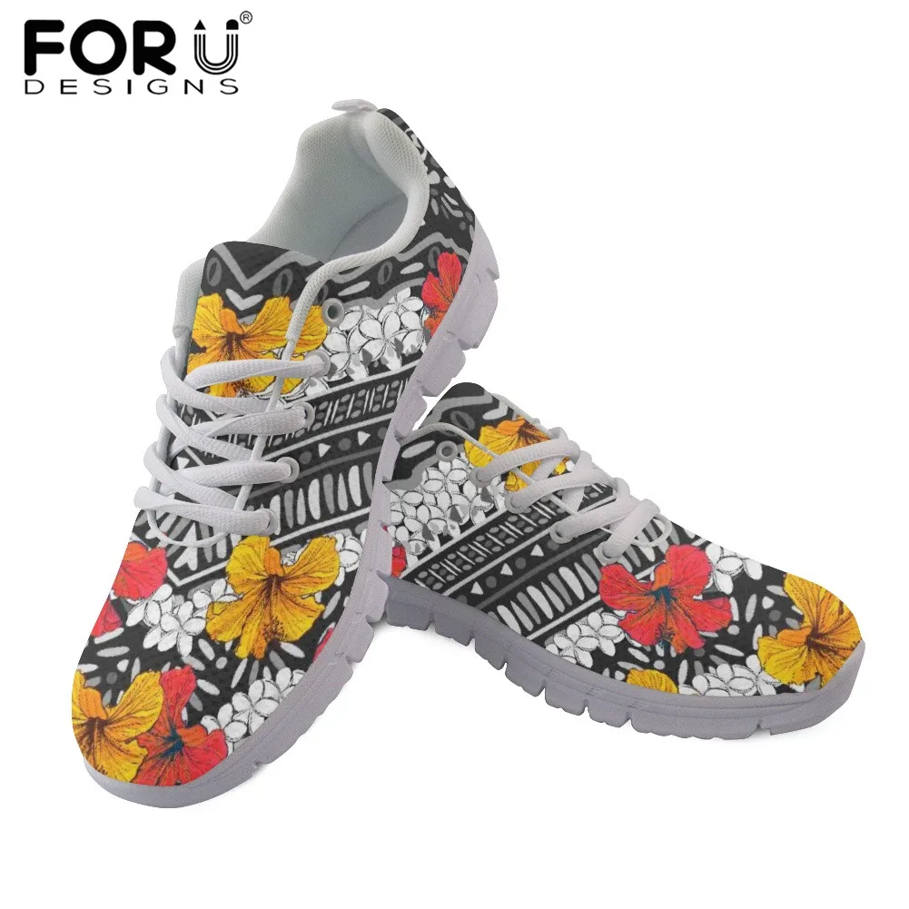 

FORUDESIGNS Hawaiian Polynesian Hibiscus Flower Pattern Women's Sneakers Casual Flats Shoes Female Lightweight Lace-up Footwear
