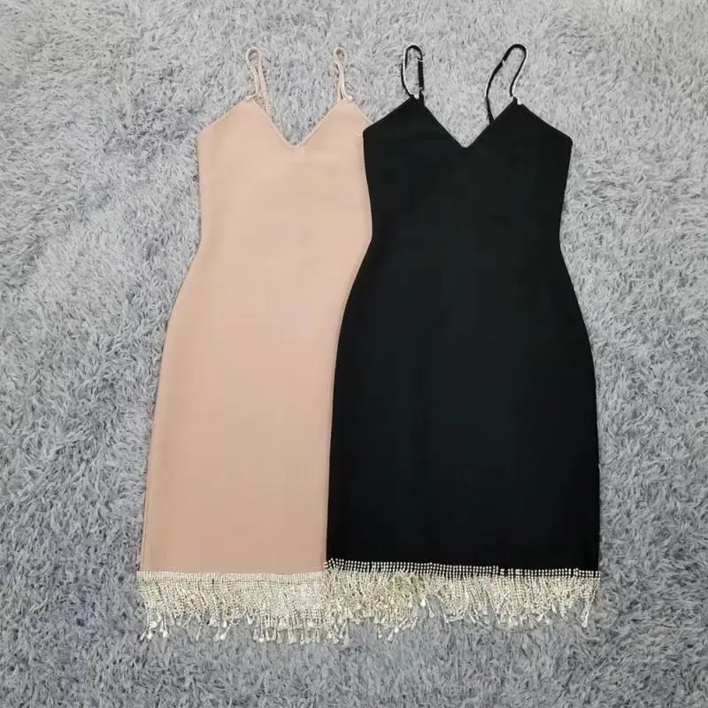 

Beige Bodycon Bandage Dress 2021 Elegant Evening Party Dress Vestidos Women Summer Sexy Sleeveless V Neck Sparkly Tassel Black