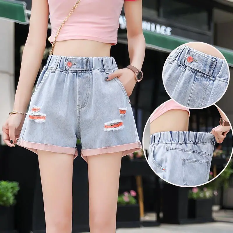 

Hot Sale 2023 Summer New Casual Loose Wide Leg Denim Shorts Women Hole Elastic High Waisted Short Jeans Pink Mujer Femme Y776