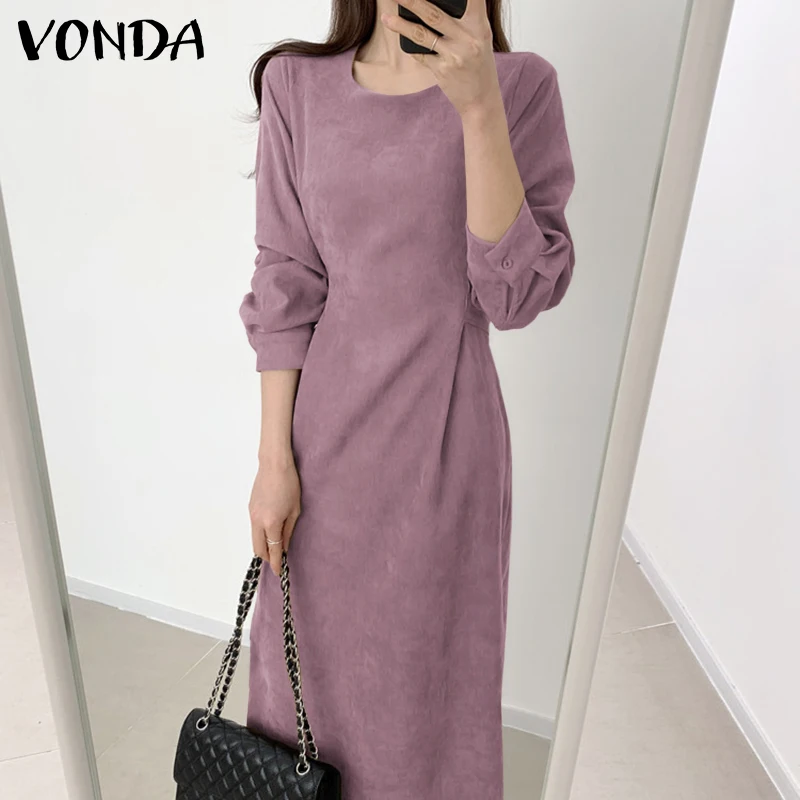 

VONDA Women 2021 Elegant Dress Solid Color Party Dress Casual Long Sleeve Office Ladies Sundress Casual Tunic Vestido Oversized