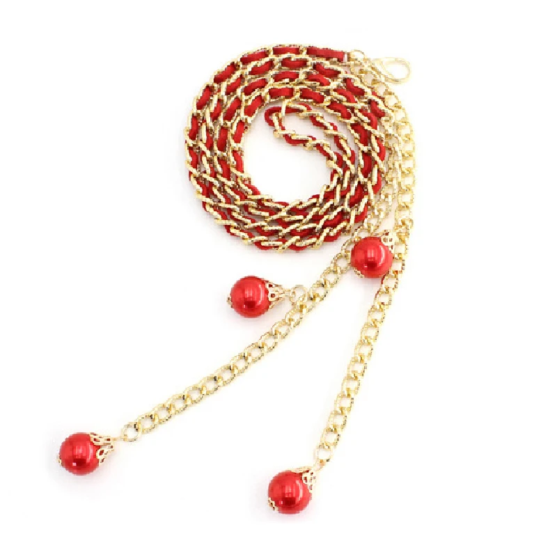 

Elegant Ladies Pearl Waist Chain Metal Chain Belt Wild Thin Waistband Women Decoration Chain PU Belts Bohemian corset belt Red
