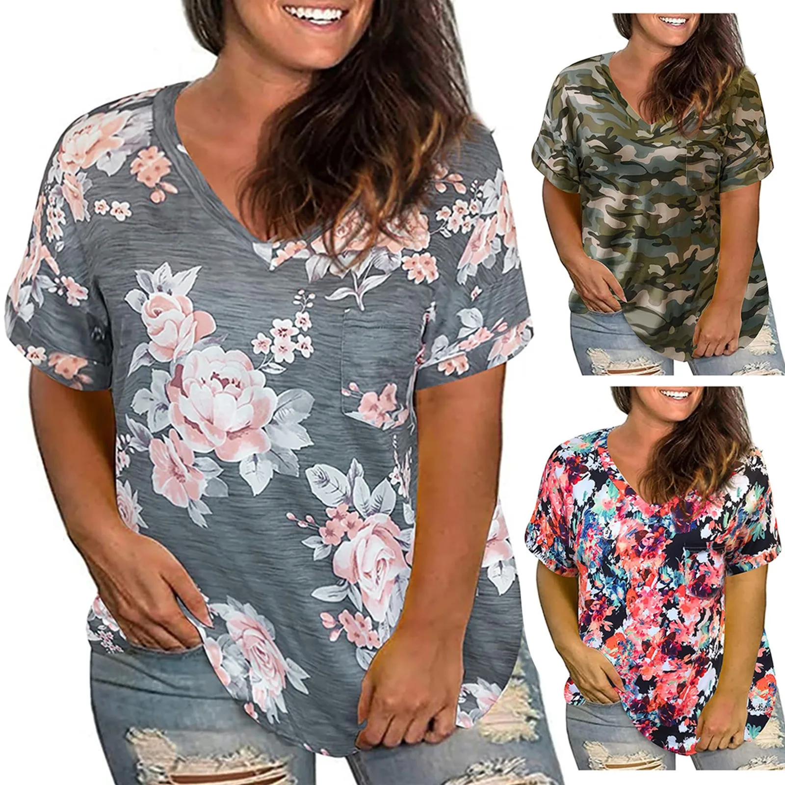 

2021 New Fashion Blouses Summer Pullover Women's V-neck Floral Print Short Sleeve Loose Tops Casual Basic Женский Блузки