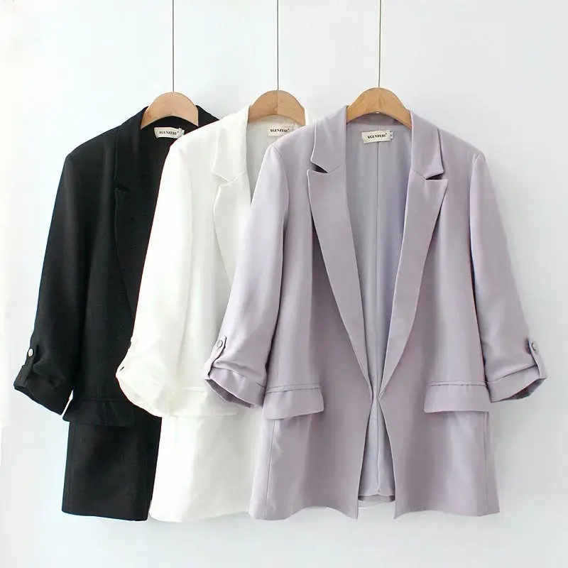 

2021 Summer Korean New Large Size Ladies Casual Jacket Mid-Length Fashion Drape Suit Collar No Button Blazer Coat Women zh1143