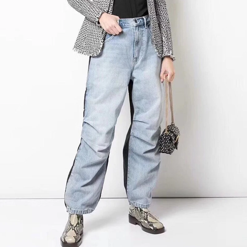 Женские джинсы с высокой талией цветные рюшами прямые свободные повседневные