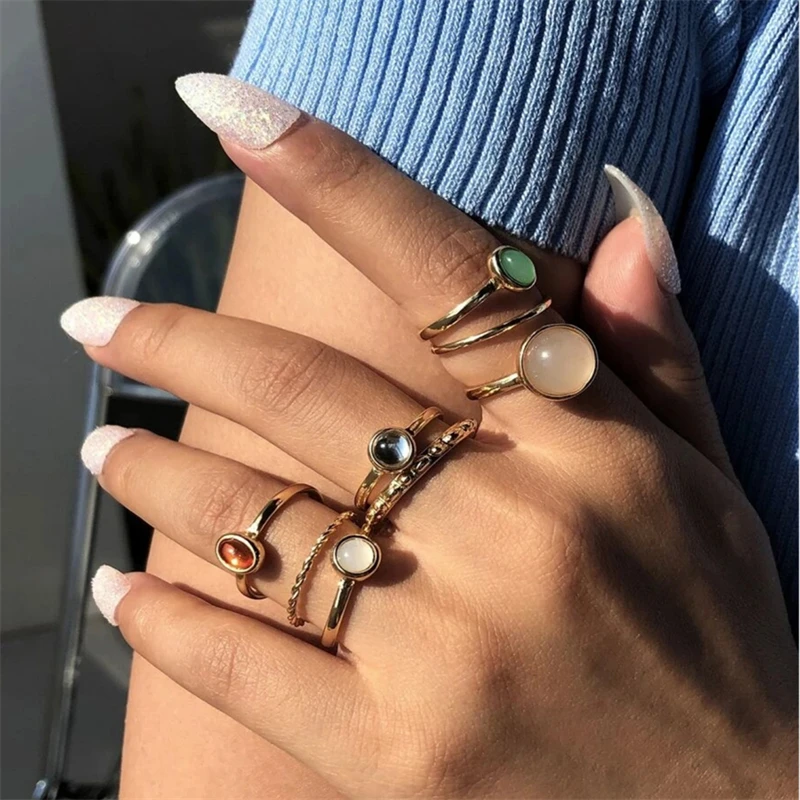 

2021 New Bohemia 8 Pieces/Set Retro Color Gemstone Metal Fashion Geometric Contrast Color Ring Set Women's Jewelry anillos mujer
