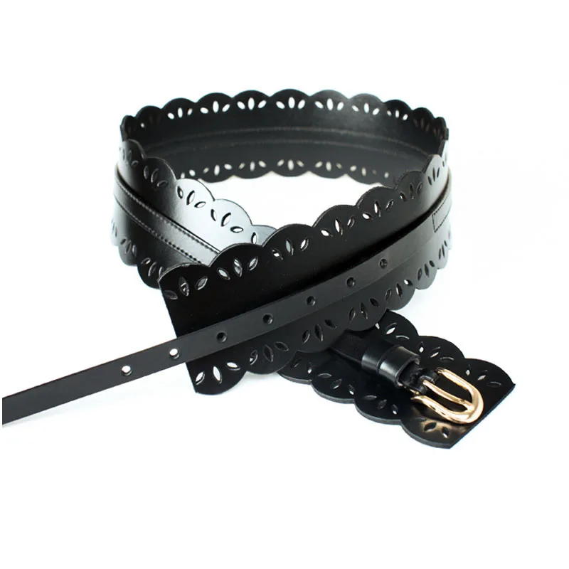 Lady's cowhide Waist Brand Width Fashion Vintage Simple Hollow out Carving Needle Buckle Belt Leather  Wide  Trench Coat