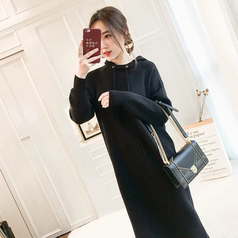 

Women's Knitted Dress Mid-length Long-sleeved Hooded Sweater Skirt Lazy Style Loose Sweater Skirt Long Skirt Dresses Women
