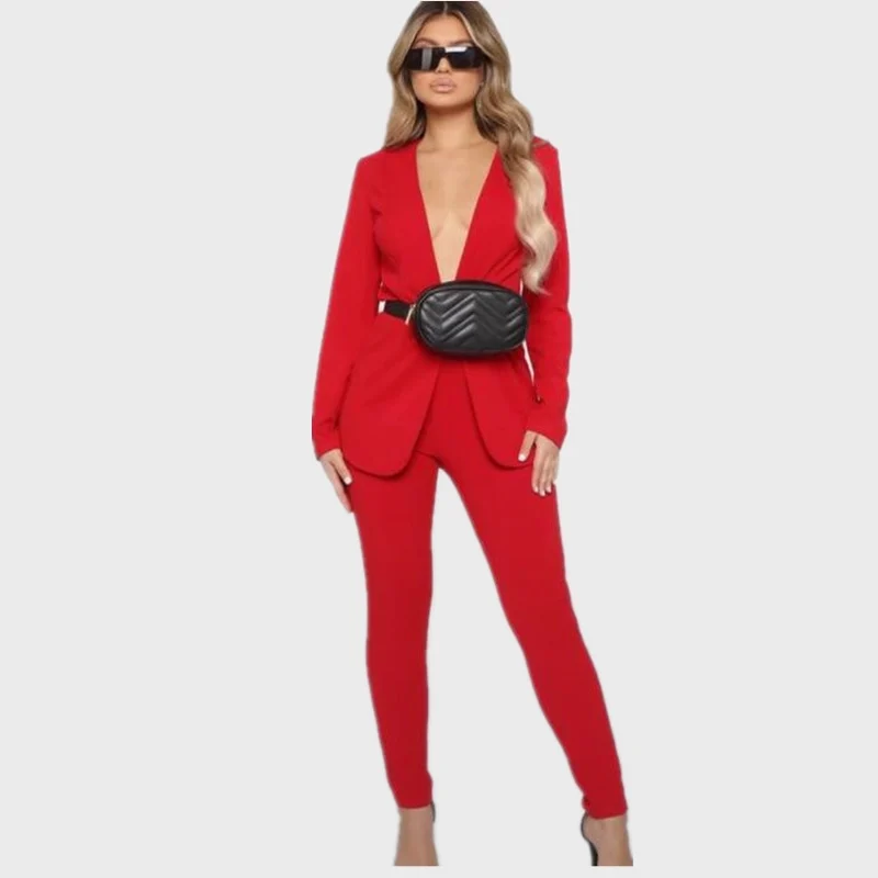 Hot Red Casual Women Suits Business Pantsuits Office Formal Ladies Work Wear Blazer Outfit Pantsuit Custom Made