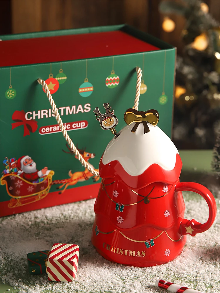 

Christmas Tree Mugs With Lids Large Big Capacity Ceramic Drinkware Gift Box Europe Style 500ML Pink Deep Blue Red Green