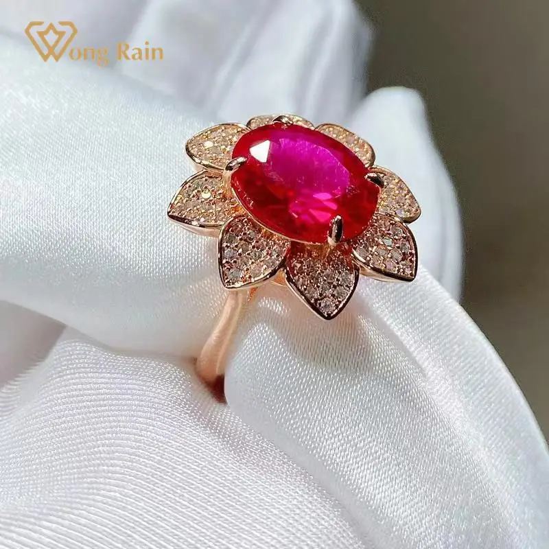 

Wong Rain 925 Sterling Silver Oval Cut Ruby Created Moissanite Gemstone Wedding Engagement Vintage Rose Gold Ring Fine Jewelry