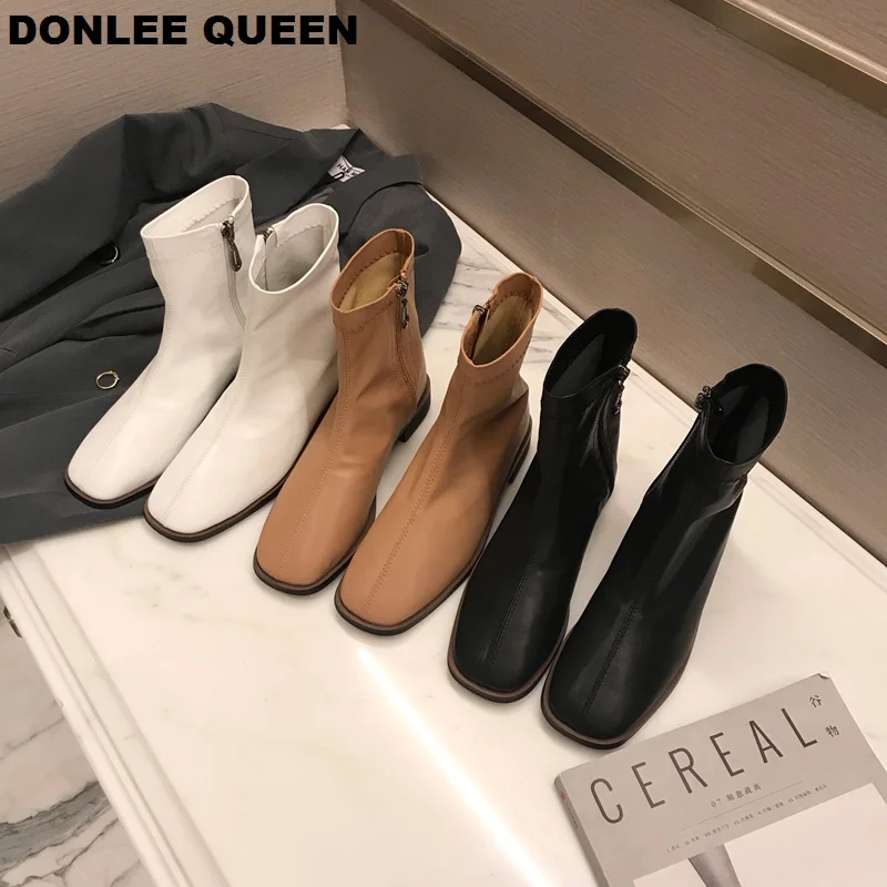 2019 Fashion Women Ankle Boots Flat Heel Square Toe Zipper Solid Female Shoes Casual Soft Black zapatos mujer | Обувь