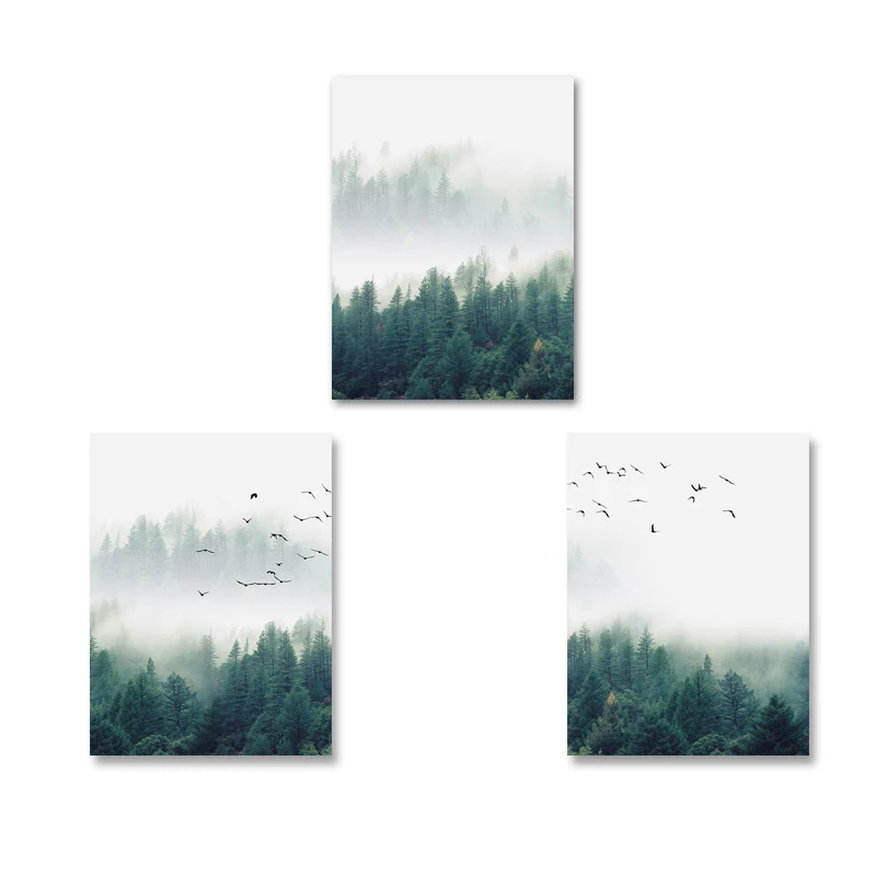 3 шт./лот Северный туман лес Птицы Пейзаж холст живопись постер печать Настенная