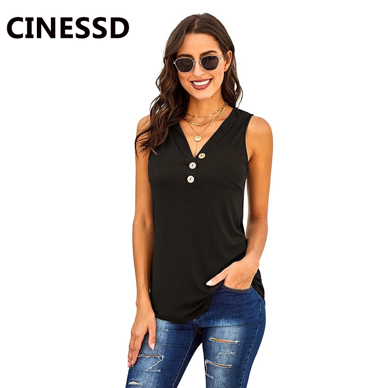 Майка женская с V-образным вырезом без рукавов на пуговицах | Женская одежда