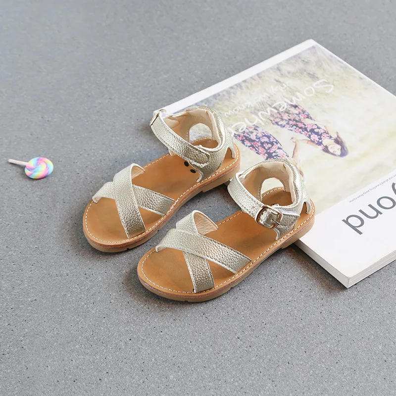 Сандалии из экокожи для девочек Нескользящие босоножки на плоской подошве