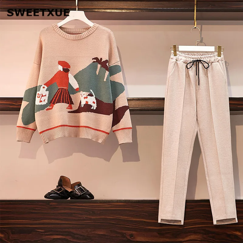SWEETXUE, Женский комплект из 2 предметов, штаны, размера плюс, Осень-зима, вязаный, круглый вырез, узор, для девушек, свободный свитер, штаны, повседневный костюм - Цвет: Khaki