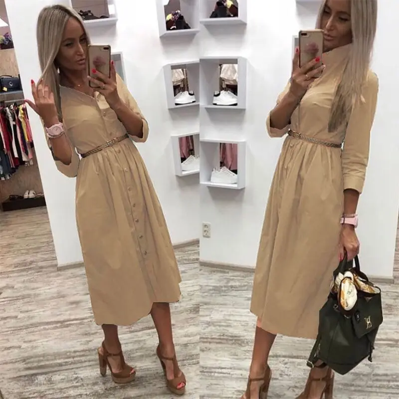 

Women Vintage Front Button Sashes Party Dress Three Quarter Sleeve Office Solid Dress 2020 Autumn Elegant Fashion Maxi Dresses