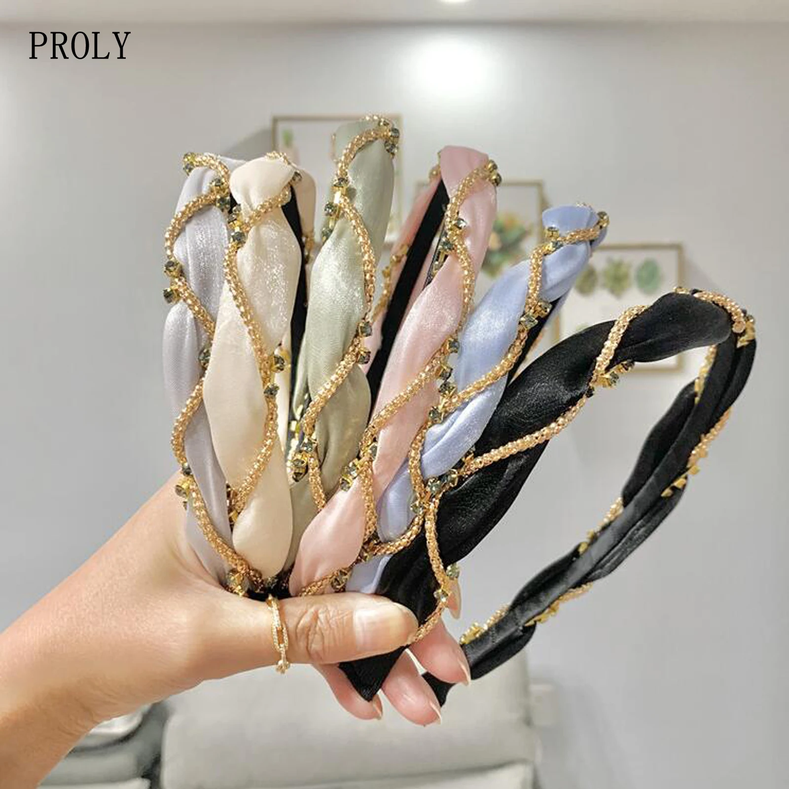 

PROLY New Fashion Women Headband Shining Rhinestone Entangled Narrow-sided Hairband Solid Color Exquisite Hair Accessories