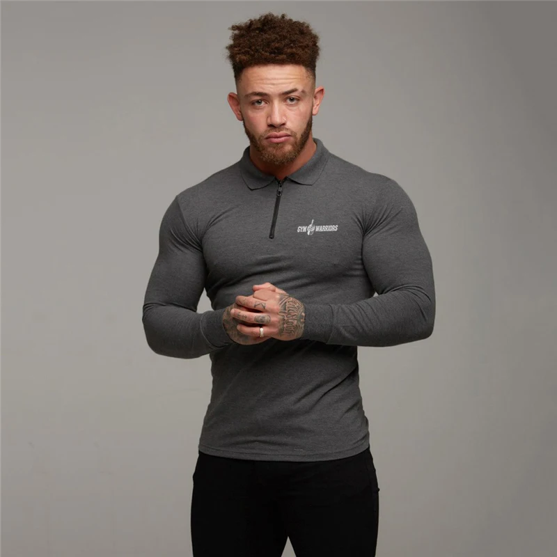 

New Brand Bodybuilding Men's polo shirt men long Sleeve Slim fit gym clothing fitness mens polos t shirts Cotton polo homme