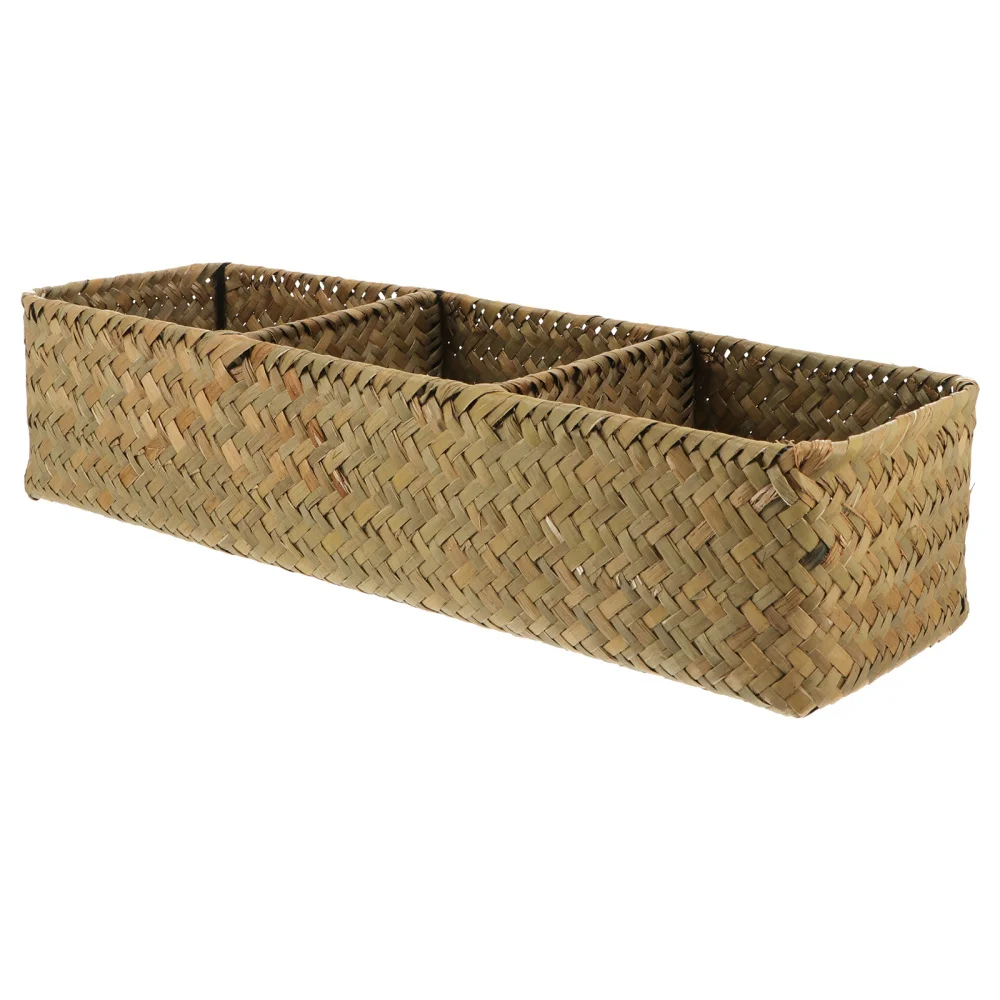 

1pc 3 Compartments Home Storage Box Sea Grass Woven Sundries Storage Case