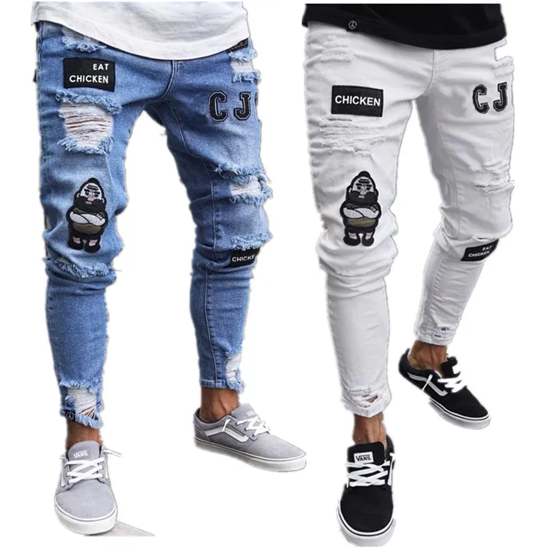 

2021 Men Jeans Stretchy Ripped Skinny Embroidery Print Jeans Destroyed Hole Taped Slim Fit Denim Scratched High Quality Jeans