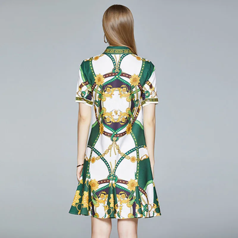 

Runway Design Dress Summer Women Green Plus Size Short Sleeve Lapel Elegant Vintage Knee-length Dresses Party Dress Female