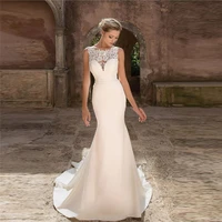 lace top mermaid wedding dress satin v shape backless simple bridal gowns sleeveless spring long sleeveless garden vestidos