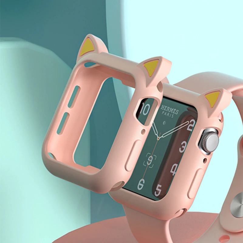 

Watch Cases For Apple Watch 6 Se 5 4 3 2 1 42mm 38mm Soft Silicone Cover For Iwatch 4 5 6 40mm 44mm Cartoon Cat Ears Bumper