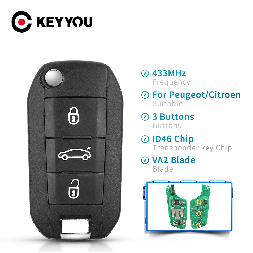 

KEYYOU Car Remote Key For Citroen C4L New Elysee For Peugeot 508 3008 2008 301 433MHz ID46 Chip Auto Uncut HU83 VA2 Flip Key