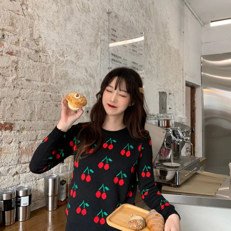 Women Cherry Vintage Pullover Sweater Female Knitted Jumper Autumn Oversize Casual Ladies overalls | Женская одежда