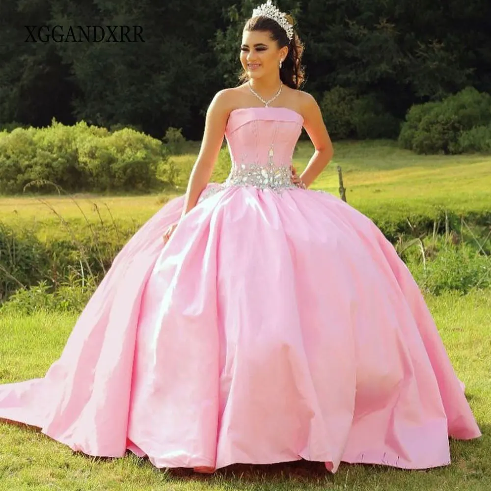 

In Fashion Pink Quinceanera Dresses Strapless Beading Crystal Ball Gown Sweet 15 16 Birthday Party Gown Custom Made Pageant